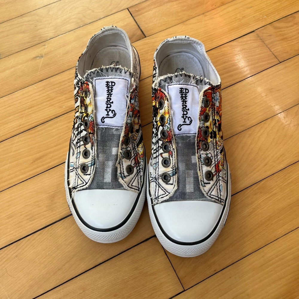 Ed Hardy Y2K Tattoo Graphic Canvas Slip On Sneakers White Skulls Flames Size 8